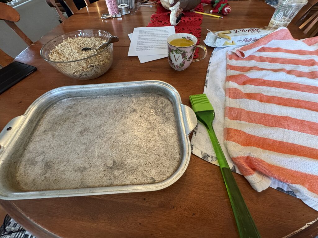 Image of baklava baking pan, filling and phyllo dough